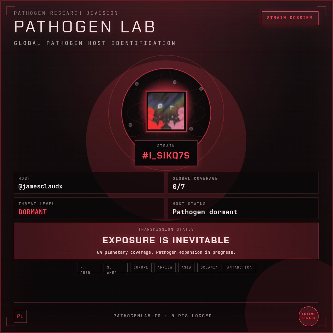 jamesclaudx's tweet photo. FCFS whitelist secured at Pathogen Lab.

Two transmissions confirmed — my pathogen is active.

Exposure is inevitable.

https://t.co/mRKTCpaJu4

@pathogenlabio https://t.co/duAU4TyTiK
