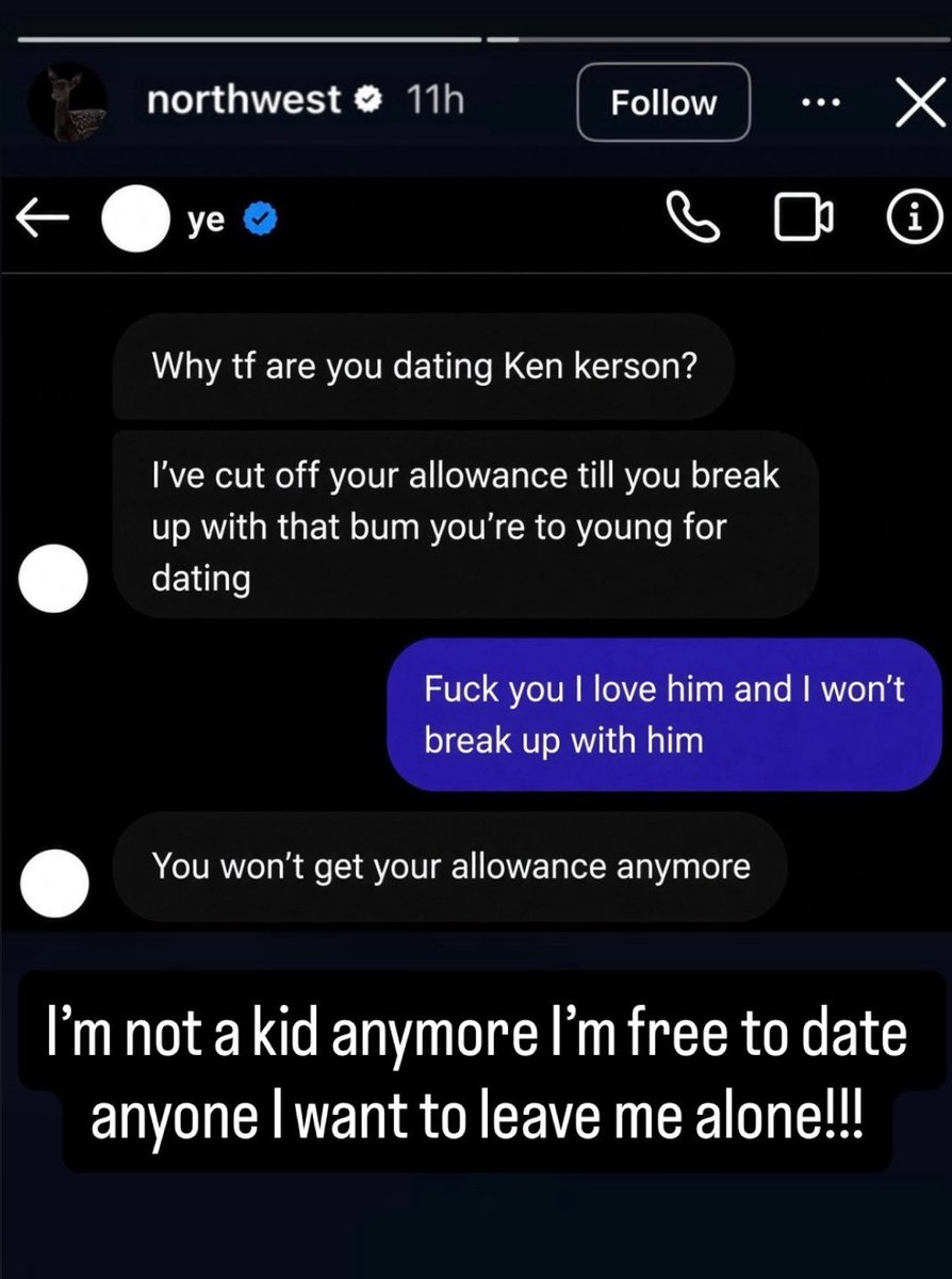 heisHIM3694's tweet photo. 13 years old North West shares a screenshot of her chat and her dad Kanye west after he cut off her monthly allowance from $10,000 to $200 after he asked her to break up with her boyfriend Ken kerson because she’s too young for dating😭😭 https://t.co/3HNkgLTQcG
