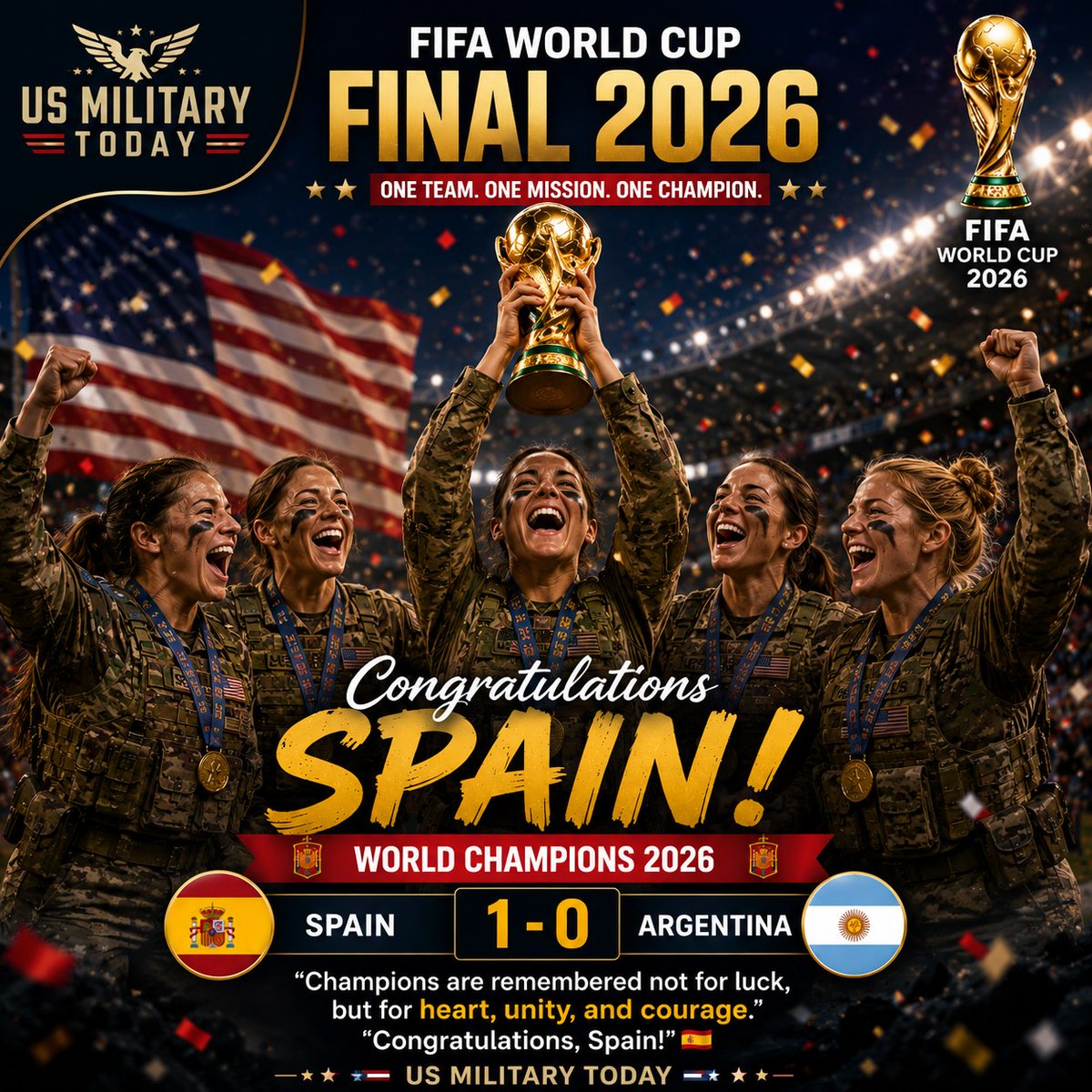 ZTaxler's tweet photo. Spain are FIFA World Cup 2026 champions after a 1–0 victory over Argentina in the final. A historic triumph built on dedication, teamwork, and perseverance. Congratulations to Spain on a remarkable achievement. https://t.co/5udi1PNDOV