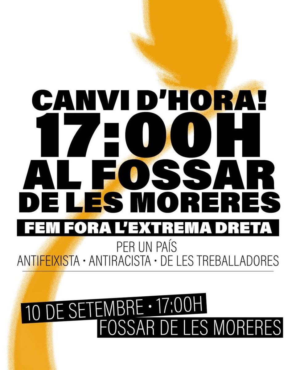 SindicatLloguer's tweet photo. 🚨ATENCIÓ CANVI D'HORA! El 10 de setembre plantem cara al feixisme!
❌Fem fora Aliança Catalana del Fossar

📅10/09
🕑17:00h
📍Fossar de les Moreres, Barcelona https://t.co/v74JWTUFeV