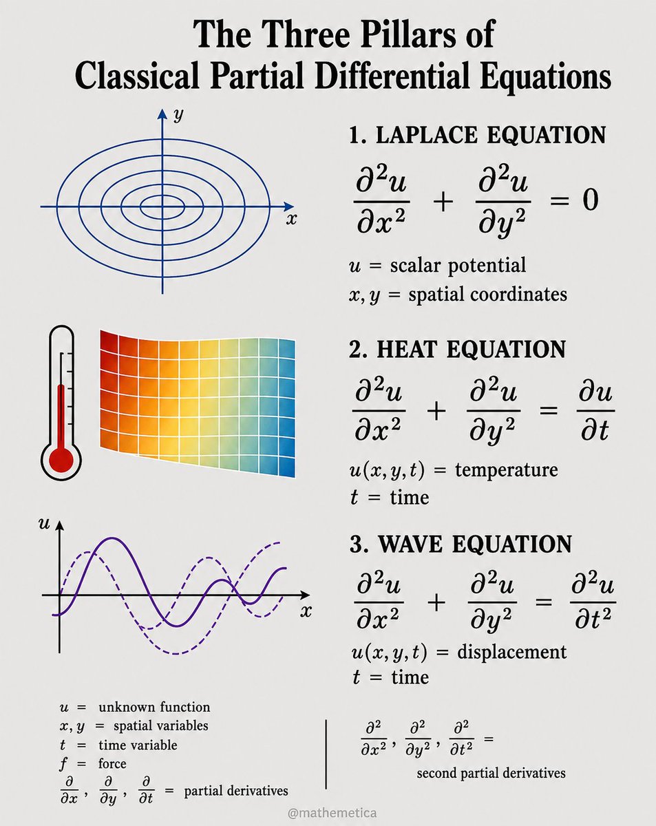 mathemetica's tweet photo. Δu = 0, Δu = ∂u/∂t, Δu = ∂²u/∂t².

One spatial operator, three possible companions in time. The first leaves a potential in equilibrium, the second lets a quantity diffuse, the third lets a disturbance travel as a wave.

Laplace applied the equilibrium case to gravitational potentials; Fourier extracted the diffusion case from heat flowing through a solid; d��Alembert found the traveling case in the motion of a string. 

They remain the classical elliptic, parabolic and hyperbolic prototypes.