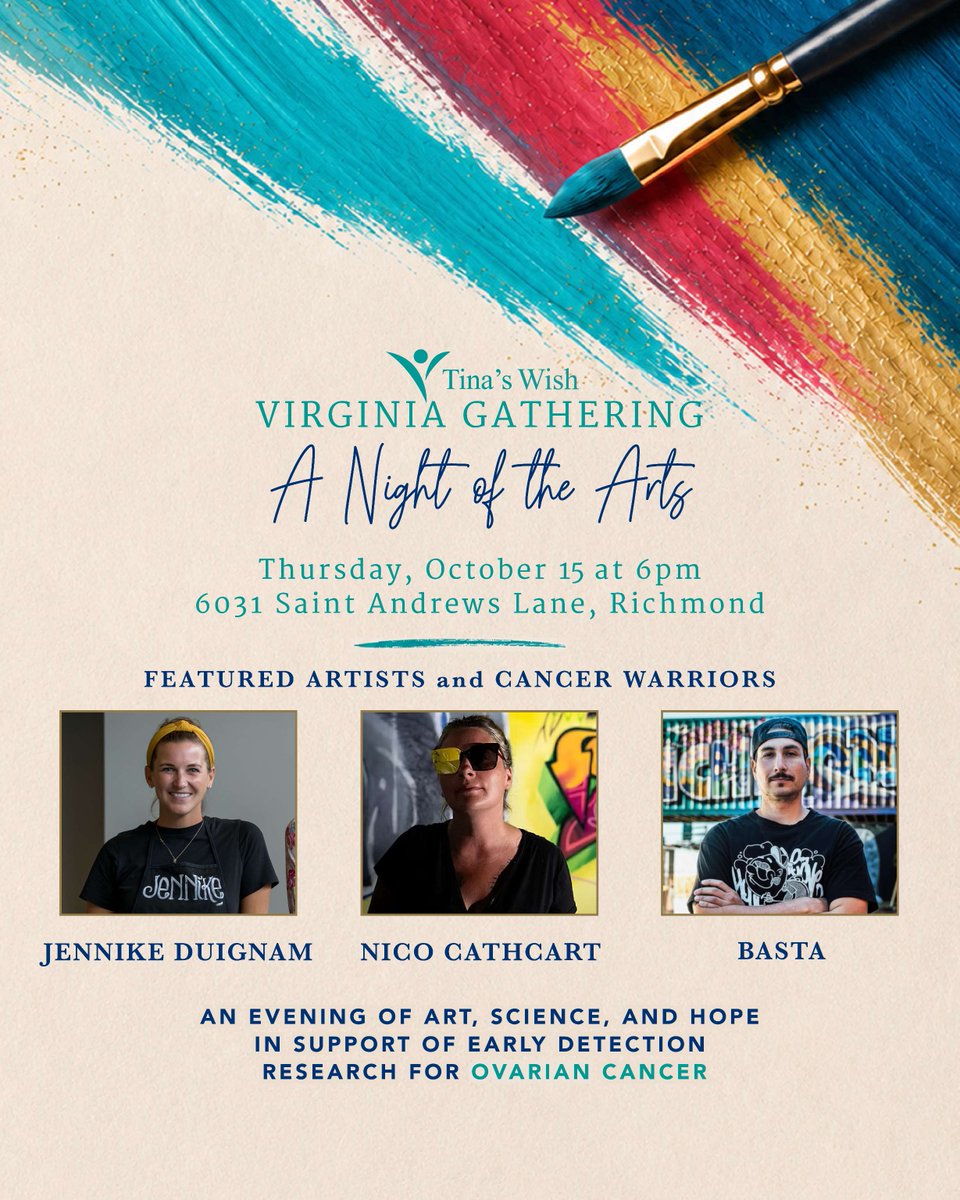 TinasWish's tweet photo. Art meets impact at the Tina’s Wish Virginia Gathering! 🎨

Join us in Richmond on Oct. 15 for a Night of the Arts supporting ovarian cancer early detection research.

Learn more, get tickets &amp; view our generous sponsors: https://t.co/4S8S4lRr7x https://t.co/C0gJSVvQ6I