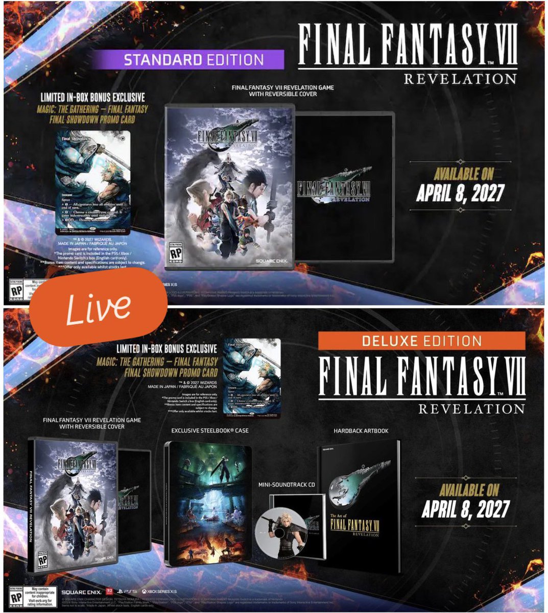 FunkoPOPsNews's tweet photo. Now live! Final Fantasy VII Revelation Standard, Deluxe and Collectors editions ~

   GS ~ https://t.co/imYCuuEZvN
   BB ~ https://t.co/bd3gELRZpz
   SQ ~ https://t.co/MKAdqxucik

Note ~ all versions come with the TCG, GameStop also has a Steelbook for the Deluxe!

#Ad #FunkoPOPNews #FinalFantasy #SquareEnix