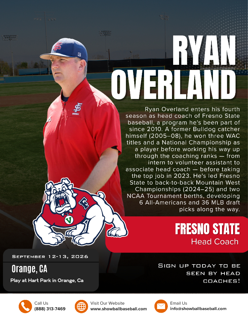 ShowBallCamps's tweet photo. Get seen by head coach Ryan Overland — a former National Champion catcher who's led @FresnoStateBSB to back-to-back Mountain West titles. He'll be scouting talent at Showball SoCal, Sept 12-13! Don't miss your shot to get in front of college coaches. #Showball #Showballbaseball https://t.co/w2NWVZEzGW