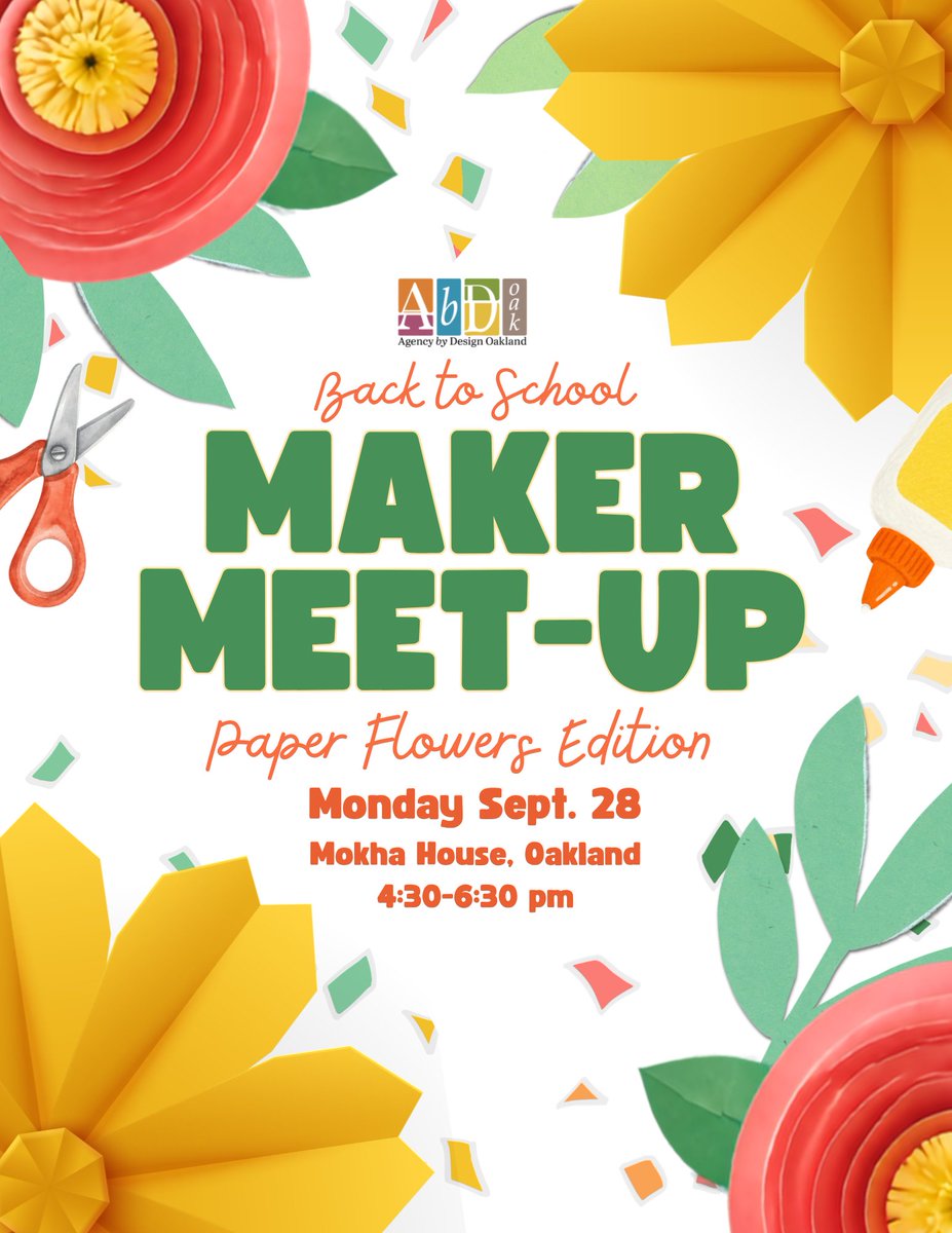 AbdOakland's tweet photo. The beginning of the school year is A LOT 🌸 Come relax, unwind &amp; surprise yourself with what you can create when you aren't forcing anything.

Join us @mohkahouse for a Paper Flower Maker Meet Up ✂️🌺 Food provided + no experience needed!

#OaklandEvents #TeacherCommunity https://t.co/GCFAOqtwRY