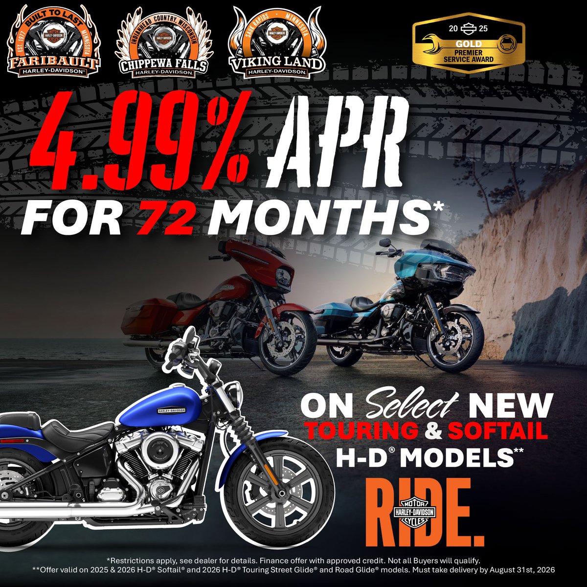 YaelRuwe's tweet photo. Get 4. 99% APR financing for 72 months on select new H-D Touring &amp; Softail models. Offer valid on 2025–2026 H-D Softails and 2026 Street Glide and Road Glide models. Approved credit required. Take delivery by August 29, 2026. https://t.co/V8pijiscGS