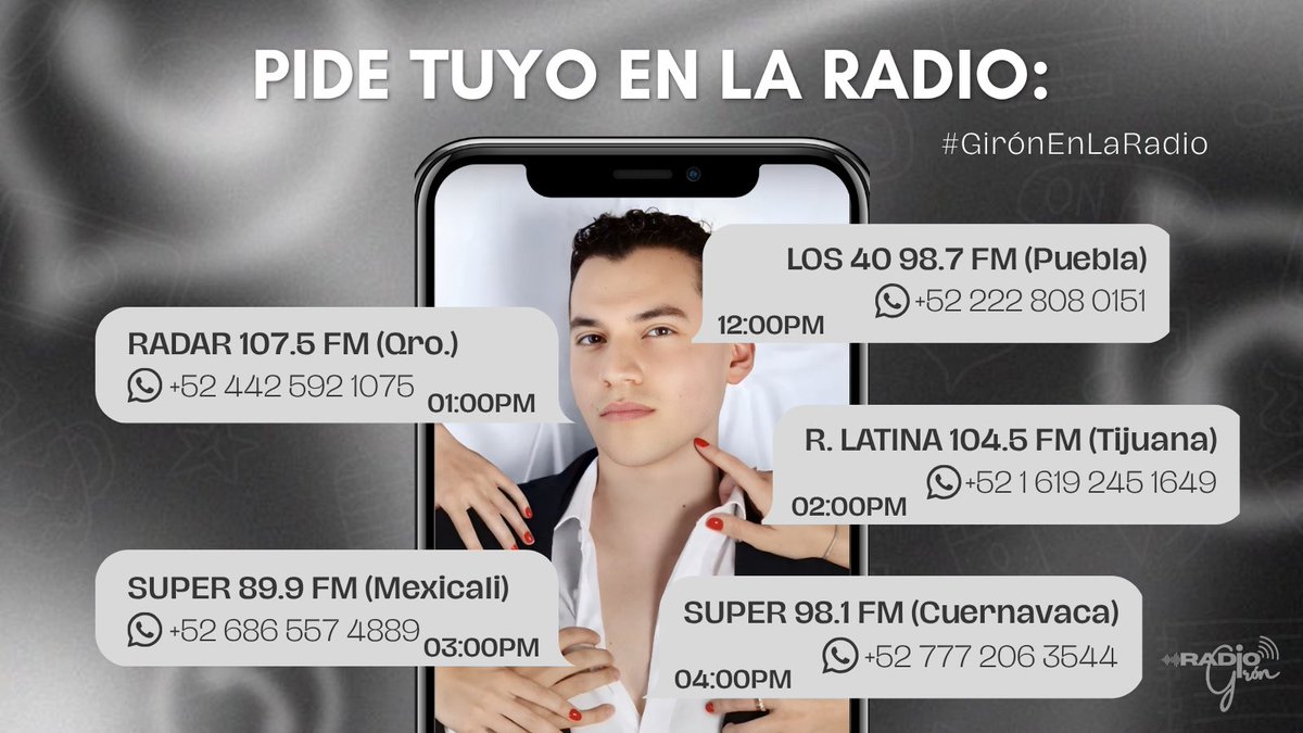 RadioGiron_'s tweet photo. 📻| Tuyo en la Radio
¡Hagamos que la música de Mario suene más fuerte que nunca! 🎶

¿Cómo apoyar? 
⏰ En los horarios y estaciones de radio que indica la imagen… 
💬 Envía un mensaje (WhatsApp) respetuoso pidiendo “Tuyo” de #MarioGirón 
— Ej. “¡Hola, te escribo desde_____, nos encantaría escuchar Tuyo de Mario Girón!”. 
📱 Deja SS de tus msj. enviados 

¡Cada mención cuenta! 🩶
#GirónEnLaRadio
