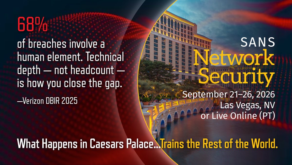 SANSInstitute's tweet photo. 68% of breaches involve a human element. Headcount doesn't close that gap, technical depth does. #SANSNetworkSecurity 2026, Sep 21-26, Las Vegas + virtual. 

Register: https://t.co/Y8x4xg89lD

#SANSLiveTraining https://t.co/RzIgb0TGJY