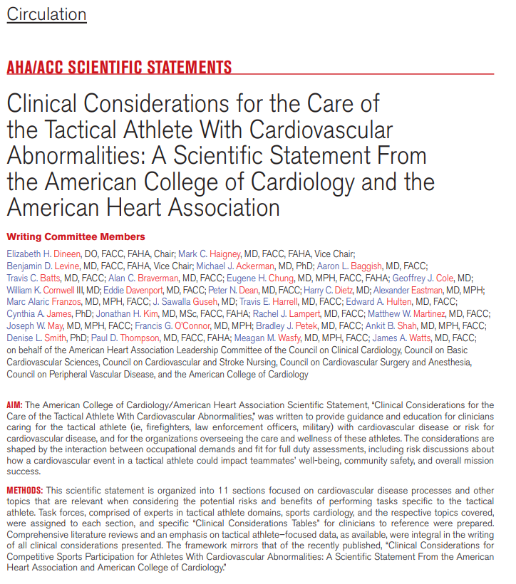 AHAScience's tweet photo. This scientific statement is the first @accintouch/American Heart Association document intended to provide formal cardiovascular care guidance specifically for professionals including military personnel, firefighters, and law enforcement officers. https://t.co/7ih1dClvpY 

These professionals encounter unique occupational demands, such as intermittent high-intensity exertion, exposure to extreme environments, use of heavy equipment, and engagement in life-threatening situations, all of which contribute to cardiovascular risk. 

Distinct from shared decision-making in sports, this statement proposes Tactical Clinical Management as a novel framework for integrating medical care, operational risk, and mission impact.
