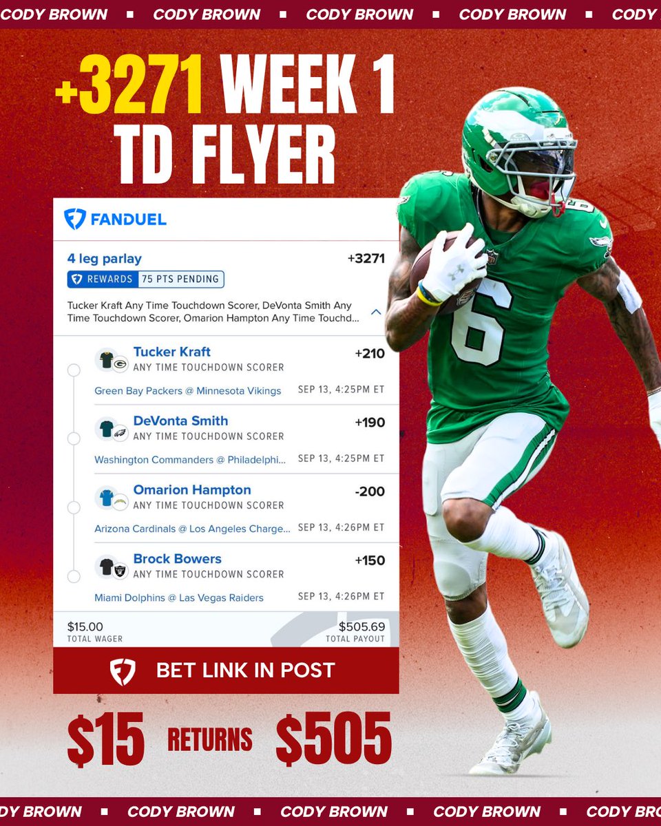 CodyBrownBets's tweet photo. We are so back…

🔗 Tail on FanDuel: https://t.co/Nliy5V5KJm

My first TD parlay of the season. 🙌🏼

21+ only. https://t.co/anjqMr2FV4