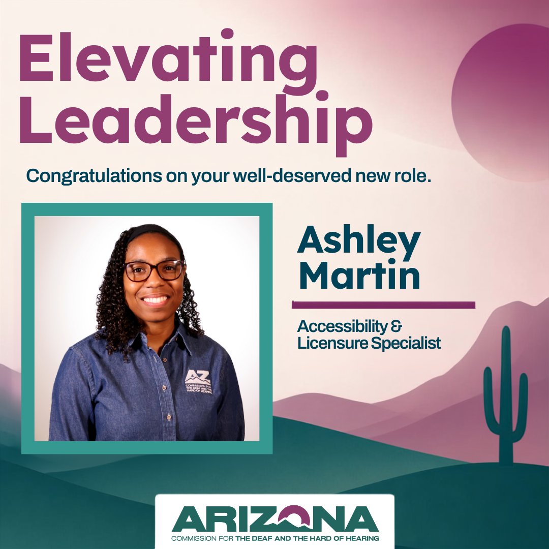 AzCDHH's tweet photo. Please join us in celebrating Ashley Martin on her promotion to Accessibility &amp; Licensure Specialist!

Ashley’s technical expertise, leadership, and dedicated advocacy continue to elevate accessibility across Arizona. Congratulations, Ashley!

#ACDHH #ElevatingLeadership https://t.co/vRylC2rZDS