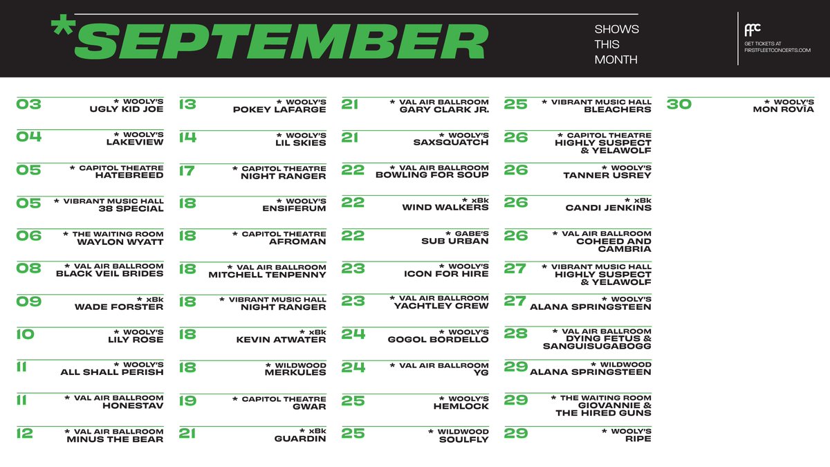 firstfleet's tweet photo. 🍂 September Shows 🍂

See all shows at https://t.co/EjYkD7KArZ https://t.co/4ISuxo2Q4A