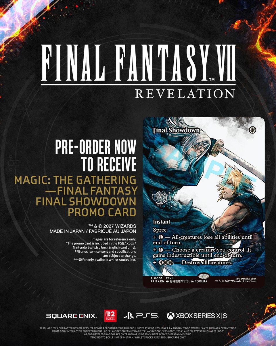 finalfantasyvii's tweet photo. Pre-order physical copies of Final Fantasy VII Revelation to receive a Magic: The Gathering—Final Fantasy Final Showdown Promo Card featuring brand-new artwork of Cloud and Sephiroth, illustrated by Tetsuya Nomura. https://t.co/Fr3MbAfvk9