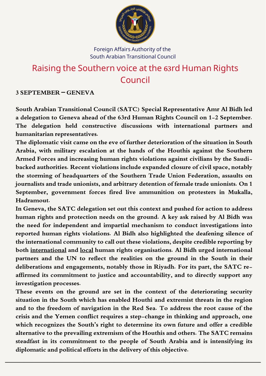 STCFEA's tweet photo. رفع الصوت الجنوبي في الدورة الثالثة والستين لمجلس حقوق الإنسان

Raising the Southern voice at the 63rd Human Rights Council https://t.co/TdcLBf7XmW