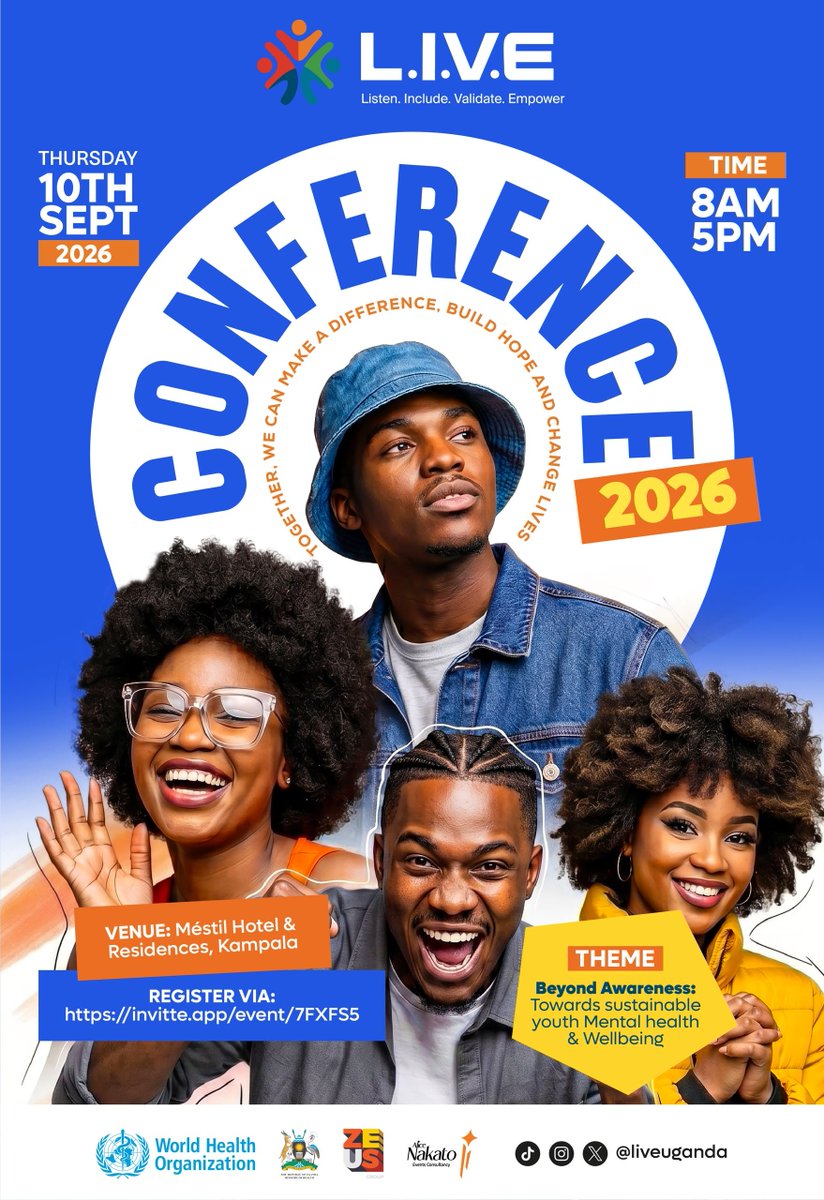 JuliusKizito10's tweet photo. MENTAL HEALTH EVENTS TO LOOK FOR IN UGANDA.

✅10 Sept — L.I.V.E. Conference 2026
✅10 Oct — Keturah Mental Health Awards
✅11 Oct — National Mental Health Run
✅19–21 Oct — 1st African Regional Summit on Suicide Prevention
✅25–26 Nov — Alcohol Policy Alliance Conference. https://t.co/SczgVSD4M3