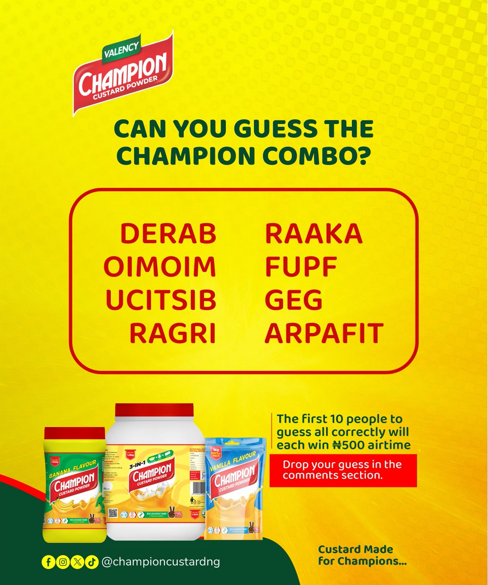 ChampionCustard's tweet photo. CHAMPION BRAIN TEST! 

We scrambled 8 words. Can you unscramble ALL 8? 

DERAB • OIMOIM • UCITSIB • RAGRI
RAAKA • FUPF • GEG • ARPAFIT
First 10 people to get all 8 right win ₦500 airtime each!

Drop your answers below 
 No cheating. Let’s see who’s really a Champion! https://t.co/cwNZ3DLXjy