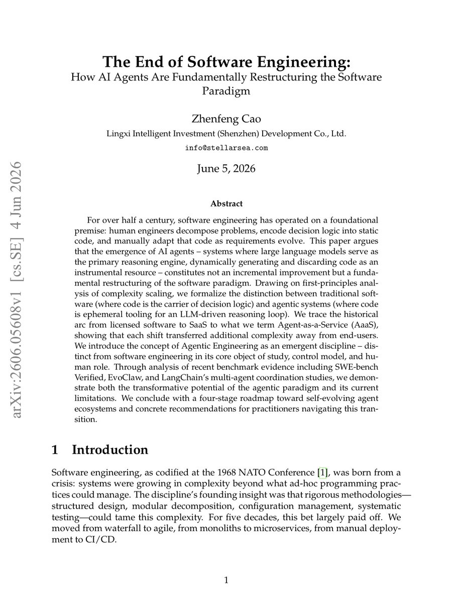 AnatoliKopadze's tweet photo. Chinese researchers just published a paper with a brutal title: "The End of Software Engineering."

The core point is that writing code is completely finished as a skill.

Your brain can only hold so much state and so many dependencies before it hits a wall.

An agent doesn't have that ceiling, and its capacity only grows with compute.

So the human stops being the one who writes the code.

You become the intent architect, the one who directs the agents and audits the result.

Code becomes the throwaway, and judgment becomes the job.

That's exactly why i wrote the guide below on how to build your own agent system from scratch.

You can also find the full paper this is based on below.