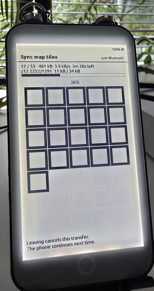 explorink_com's tweet photo. Pick a city at home and its map is on the reader before you leave. The queue survives reconnects, and squares the server has not built yet wait their turn instead of failing.

Photo is mid-transfer at 3.9 kB/s. Same link does 13.6 now.

#eink #ESP32 #OpenStreetMap #BLE https://t.co/ujj9lyKFaQ