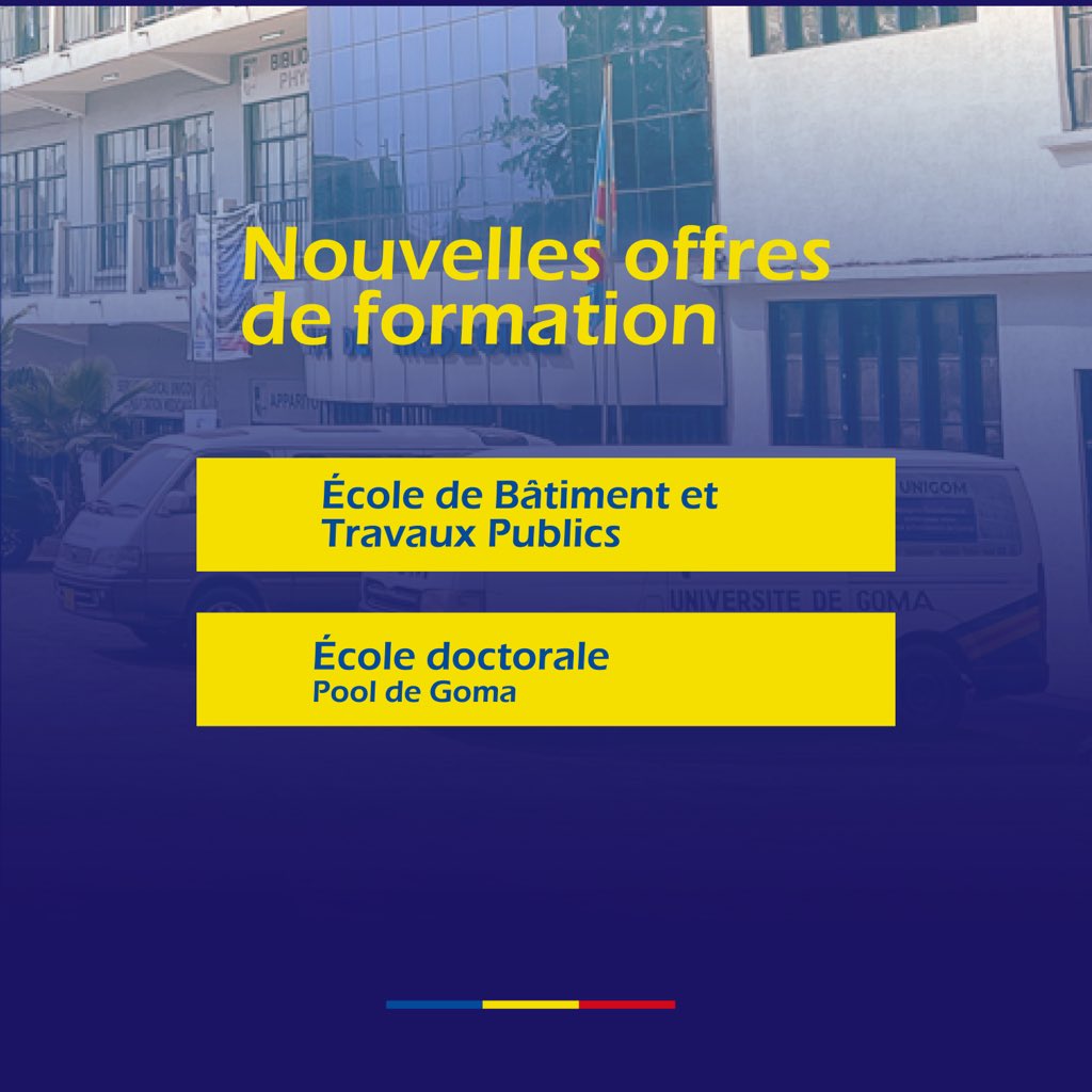 Unigom_RDC's tweet photo. Lâ#UNIGOM poursuit son engagement en faveur de la formation.
Pour l'annĂ©e acadĂ©mique 2026-2027, lâUNIGOM accueille diplĂŽmĂ©s dâĂtat, licenciĂ©s, candidats Ă une spĂ©cialisation et au Doctorat.
Deux nouveautĂ©s : lâĂcole de BĂątiments et Travaux Publics et lâĂcole doctorale.
#UNIGOM https://t.co/Je3GTX8PNd