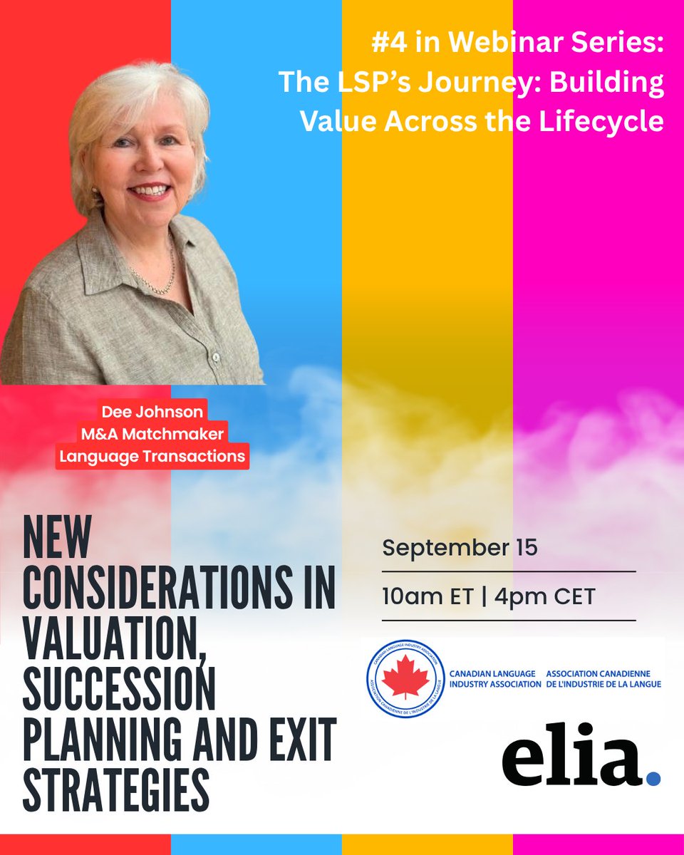 CLIA_ACIL's tweet photo. Join us for the fourth installment of the LSP Journey series, co-hosted with ELIA, featuring Doris “Dee” Johnson from Language Transactions on September 15.
👉 Register now: https://t.co/rhF2nePGZZ
#successionplanning #languageindustry #languagebusiness https://t.co/NySK9RIEiN
