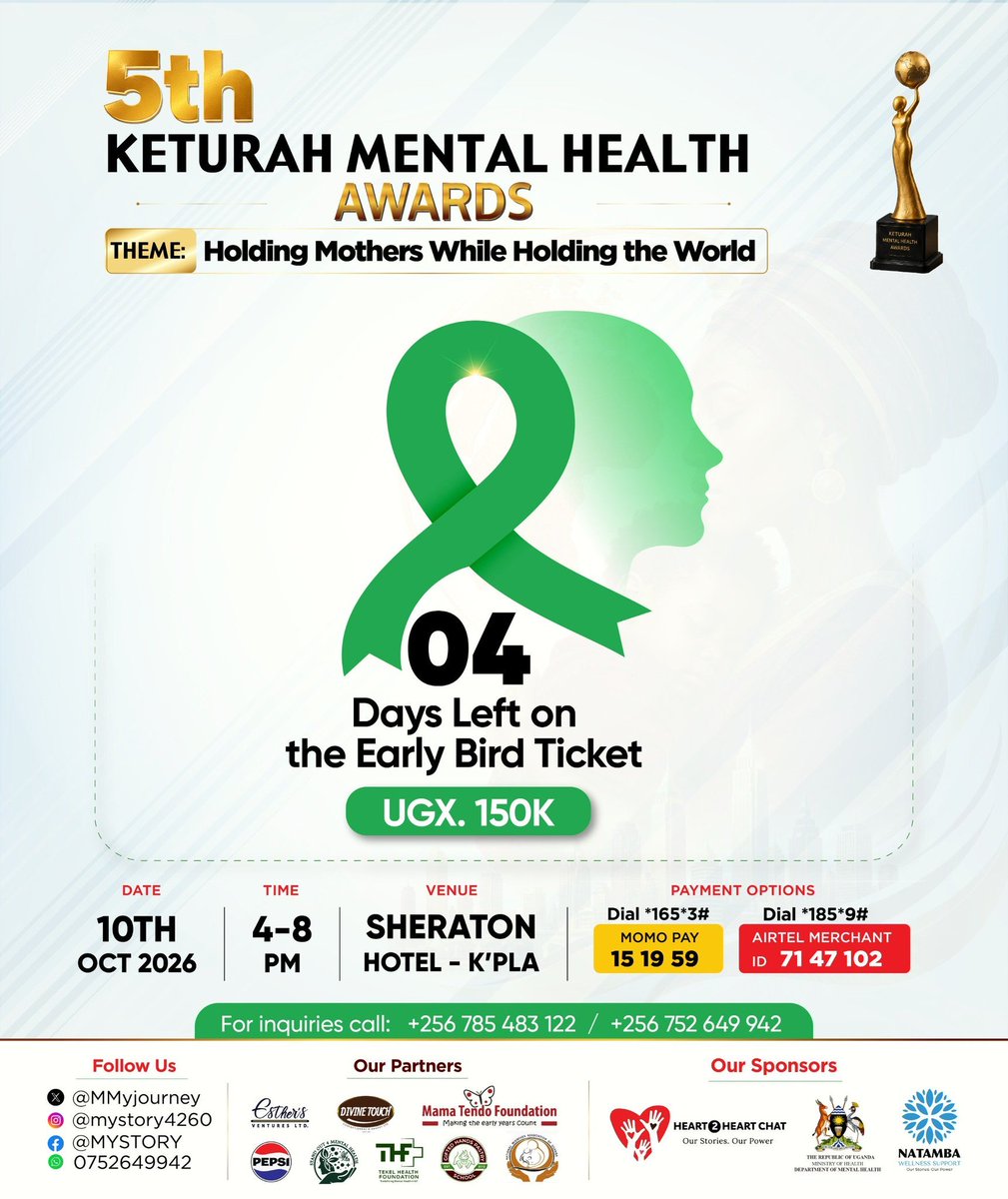 JuliusKizito10's tweet photo. MENTAL HEALTH EVENTS TO LOOK FOR IN UGANDA.

✅10 Sept — L.I.V.E. Conference 2026
✅10 Oct — Keturah Mental Health Awards
✅11 Oct — National Mental Health Run
✅19–21 Oct — 1st African Regional Summit on Suicide Prevention
✅25–26 Nov — Alcohol Policy Alliance Conference. https://t.co/SczgVSD4M3