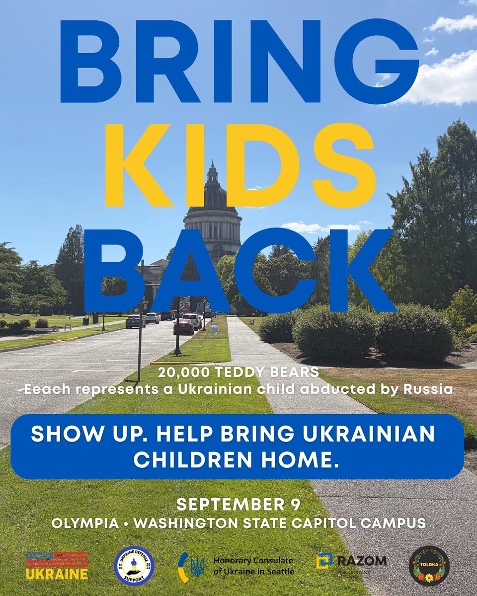 UDS4Ukraine's tweet photo. Ukraine Defense Support is bringing the internationally recognized Bring Kids Back teddy bear exhibit to Washington state. You may  remember international news coverage of the moving exhibit last spring where it debuted at the U.S. Capitol during the Ukraine Action Summit.
The exhibit, created by scores of volunteers with the nonprofit @razomforukraine for Ukraine and the American Coalition for Ukraine, consists of 20,000 little teddy bears, representing the more than 20,000 children kidnapped by russia, tucked into more than 200 feet of fencing. UDS is bringing it to Washington's Capitol Olympia on Wednesday, Sept. 9 from 10 am - 5 pm. Please join us there to honor the children who must be returned to their families. 

We are looking for strong volunteers to help with setting the massive exhibit up and taking it down. Set-up volunteers will arrive at the Capitol in Olympia at 6 am. Tear-down will begin at 5 pm. If you can help, plea

https://t.co/HMTNmiQbNu
