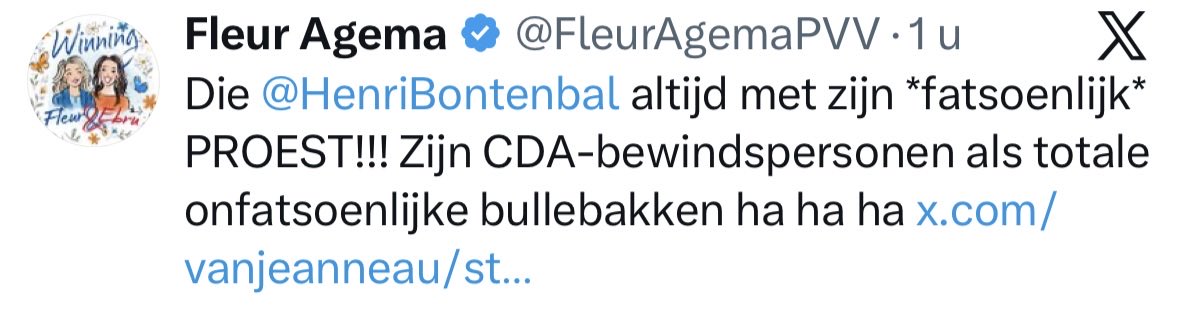 MierloWim's tweet photo. Toch kan ik melden dat @HenriBontenbal vele malen meer fatsoen heeft dat @FleurAgemaPVV . 
Het overgrote deel van Nederland weet dat al jaren, alleen Fleur heeft het nog niet door. https://t.co/rbL9i4LUkX
