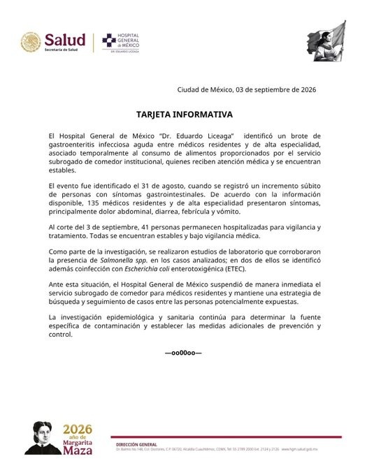 Javier_Alatorre's tweet photo. Les dieron comida contaminada en el hospital. Hay un brote de salmonela en el Hospital General de México. Suman 135 personas, entre médicos y residentes, que se enfermaron por la salmonela en la comida. Hay 41 hospitalizados. https://t.co/Uqapgakqhi