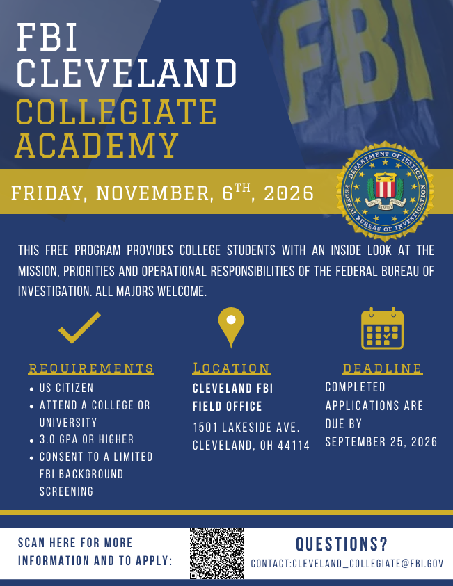 Flyer for FBI Cleveland Collegiate Academy on November 6, 2026, offering college students insight into FBI operations with application deadline September 25.