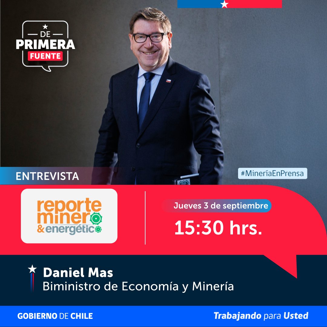 MinMineria_cl's tweet photo. ¡No te lo pierdas! 📺 Hoy, a las 15:30 horas, el biministro Daniel Mas estará en @ReporteMinero de @24HorasTVN abordando la agenda de Gobierno destinada a fortalecer la minería nacional, los avances del proyecto de Ley de Amparo Minero, el Plan Minería en Marcha y las medidas que estamos impulsando en inversión, empleo y desarrollo.

Sigue la entrevista en vivo aquí ⬇️
https://t.co/RUab3PvlnF
