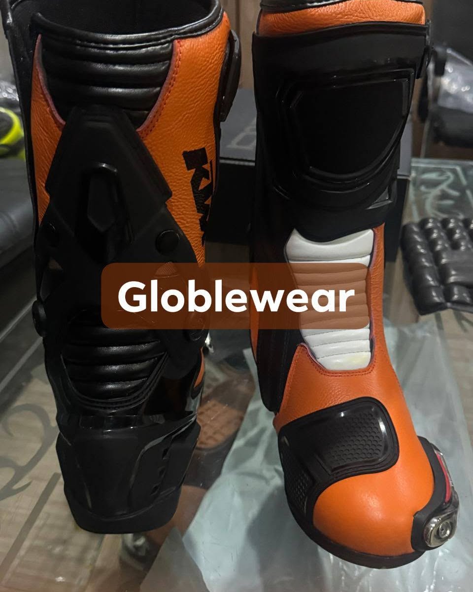 ThersaWhoonhl's tweet photo. Race-ready motorcycle boots inspired by KTM colors. Premium leather, reinforced ankle protection, high-grip soles, and custom colors or branding for performance, safety, and aggressive style. DM to customize yours. https://t.co/6LzqNA89N4