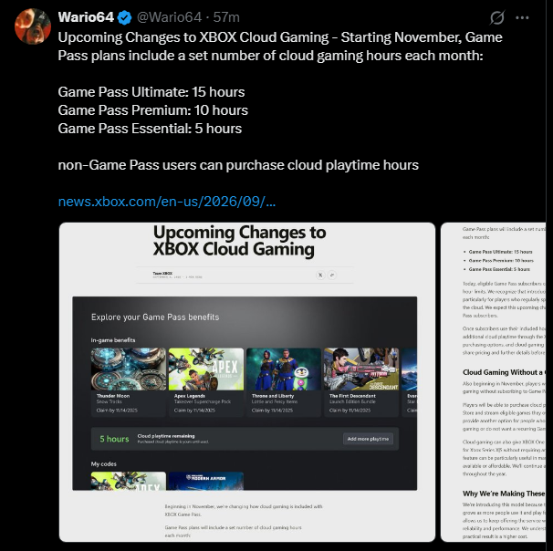 PlayerEssence's tweet photo. Xbox limiting cloud gaming hours even if you pay the highest tier of Game Pass Ultimate. 

Do not trust an all digital / streaming future. See how fast they can just change the rules? Wake up peeps. https://t.co/loJGuivZbf