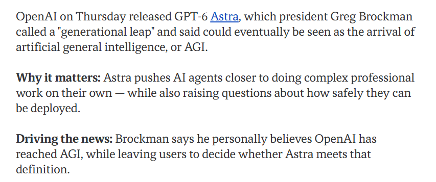 synthwavedd's tweet photo. 🚨 BREAKING: OpenAI Chairman Greg Brockman says Astra is AGI https://t.co/hGzNHJq5FY