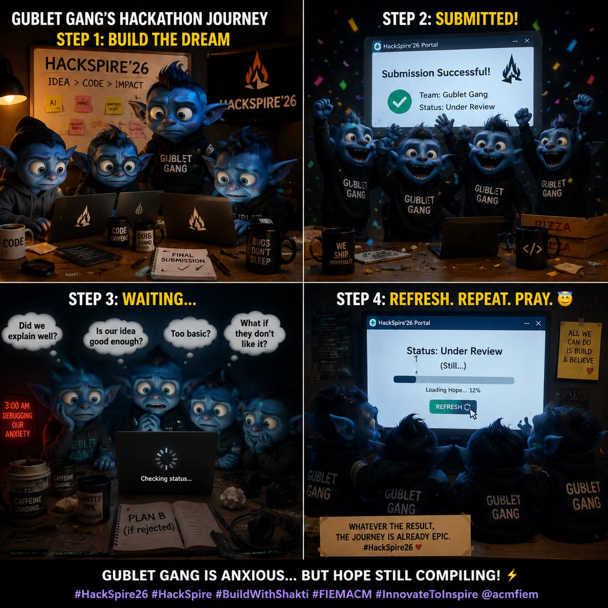 SoudipBiswas1's tweet photo. Gublet Gang after submitting HackSpireโ26:
โSurely approval will come quicklyโฆโ ๐
5 minutes later: REFRESH. REFRESH. REFRESH. ๐ญ๐
The code is ready. The project is ready. Our anxiety? Still compiling. โก๐
#HackSpire26 #HackSpire #BuildWithShakti #FIEMACM #InnovateToInspire https://t.co/3MDITPXANa