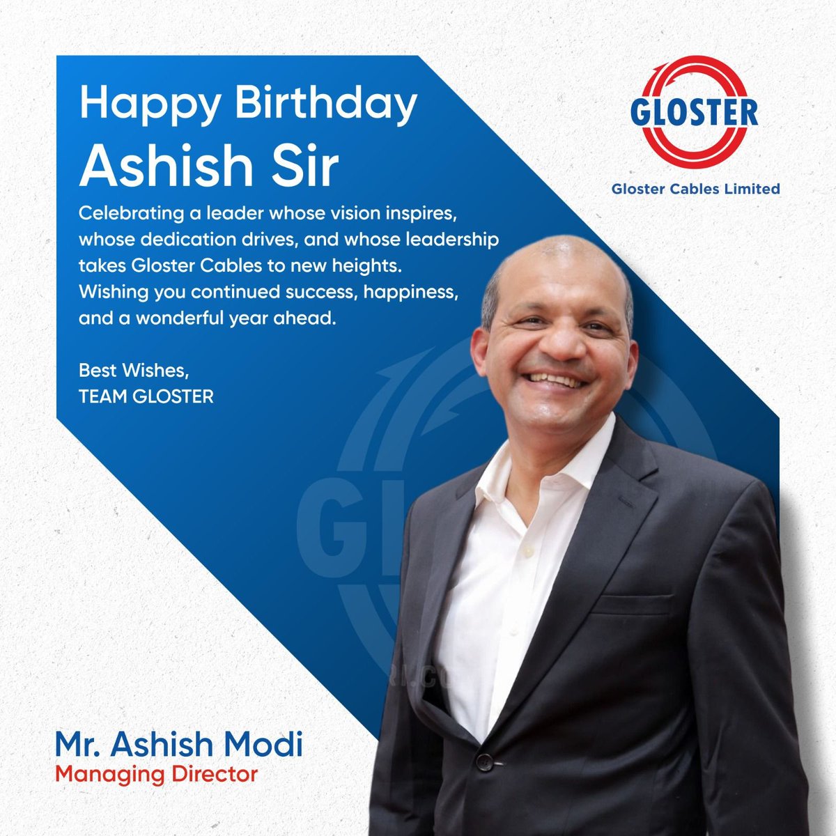glostercables's tweet photo. A great leader inspires and leads by example. Today, we celebrate the person behind the vision that continues to strengthen Gloster Cables.

#HappyBirthday Mr. Ashish Modi!

Wishing you success, happiness, and many more remarkable years ahead.
#GlosterCables #cablesandwires https://t.co/WLtufeHiZx