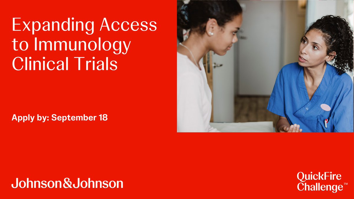 JNJInnovation's tweet photo. Have an innovation that aims to improve outreach &amp; retention for clinical trials focused on immune diseases? 

The Expanding Access to Immunology Clinical Trials QuickFire Challenge is open to apply! https://t.co/haqMOZ1Eu2 https://t.co/aJUUtdZNqx
