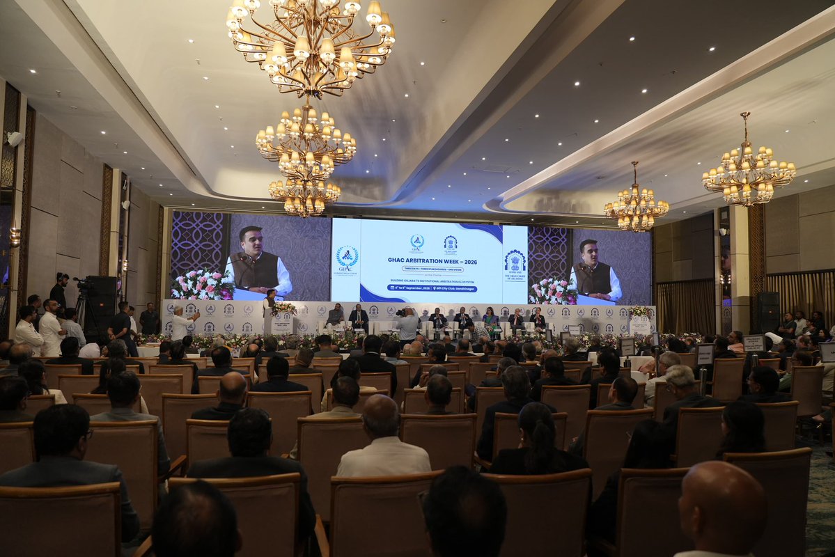 sanghaviharsh's tweet photo. Attended the inaugural session of GHAC Arbitration Week – 2026 at GIFT City today, in the presence of Hon’ble Judges of the Supreme Court and Gujarat High Court, the Hon’ble Chief Justice, and senior members of the law fraternity.

Discussed strengthening the Institutional Arbitration ecosystem and making our justice delivery system more effective, faster, transparent and reliable.