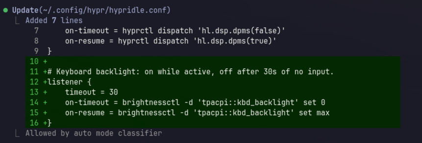 ntufar's tweet photo. If you want to make keyboard backlight go off automatically in your #Omarchy, use this prompt:

can you automate keyboard backlight? When I am typing it should be on. If I am not typing for more than 30 secons, switch it off

It does this change and now it works: https://t.co/fGxbgoCCqS