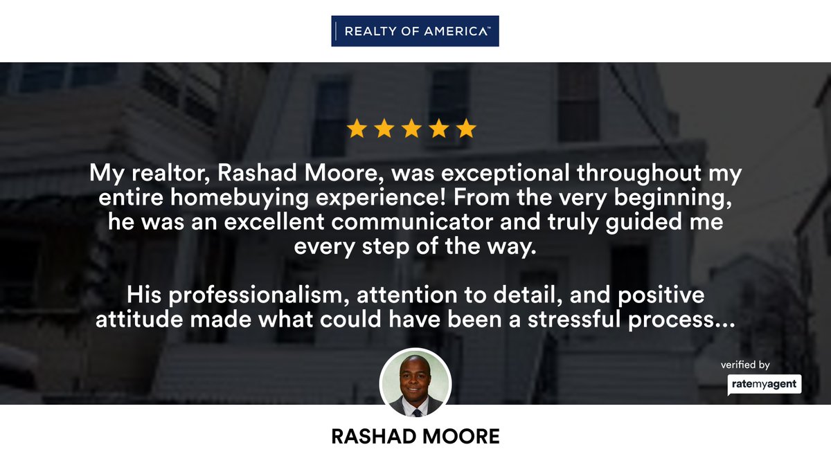 RashadTMoore's tweet photo. My latest RateMyAgent review in Essex County.
NJ 0451491
https://t.co/AYdyLos0c2

...
#ratemyagent #realestate #Realty_of_America_LLC https://t.co/VLFVwakT1O