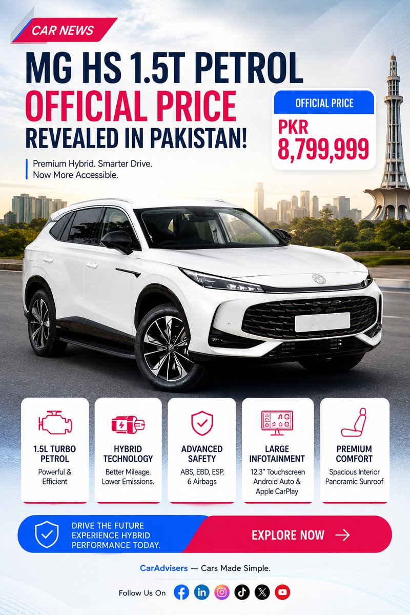 caradviserspak's tweet photo. 🚨 MG HS 1.5T Gasoline officially launched in Pakistan!
MG Motor Pakistan has introduced the gasoline-powered HS at an 𝗶𝗻𝘁𝗿𝗼𝗱𝘂𝗰𝘁𝗼𝗿𝘆 𝗽𝗿𝗶𝗰𝗲 𝗼𝗳 𝗣𝗞𝗥 𝟴,𝟳𝟵𝟵,𝟵𝟵𝟵, joining the 2nd-gen Hybrid+ and Super Hybrid variants.
#CarAdvisers #MGHS #MGPakistan https://t.co/HbMRbSpJaO