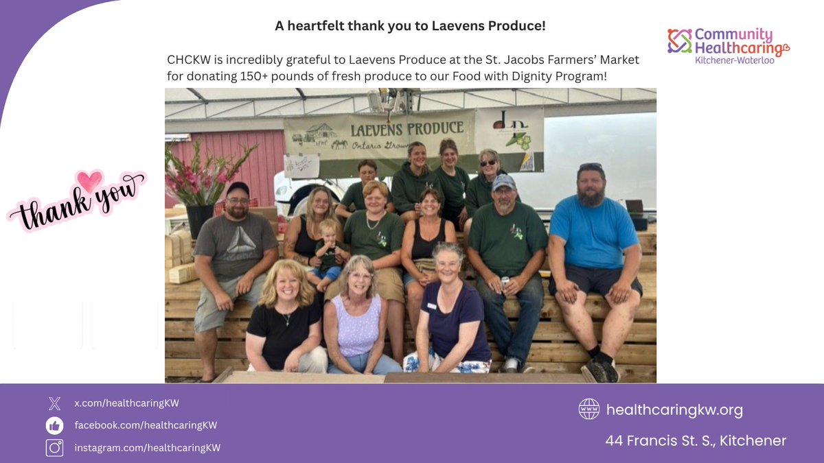 HealthcaringKW's tweet photo. ๐ฅ A heartfelt THANK YOU to Laevens Produce at the St. Jacobs Farmersโ Market for donating 150+ lbs of fresh produce to CHCKWโs Food with Dignity Program!
๐ Your generosity helps provide fresh food with choice & dignity. ๐ฑ
#FoodWithDignity #CommunityCare #healthcaring https://t.co/zKKmNovVLT