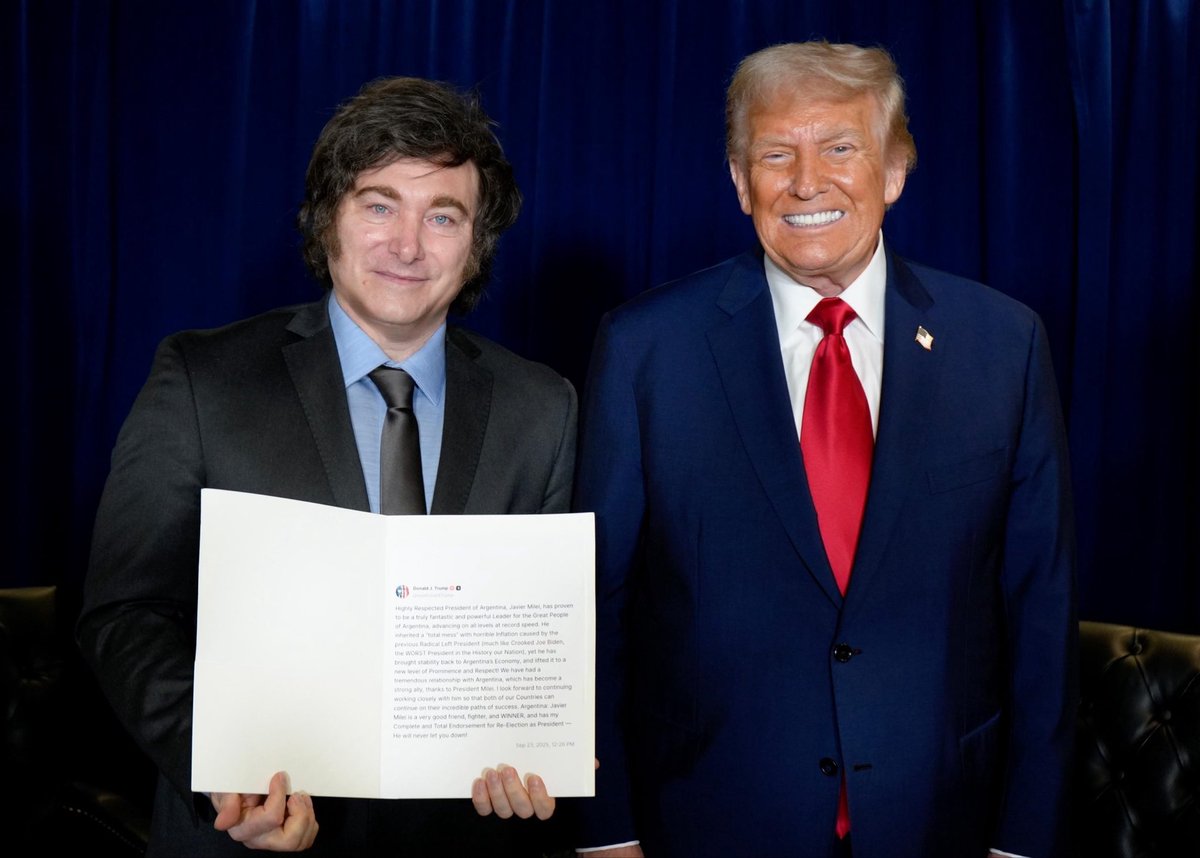 PoliticoForYou's tweet photo. BREAKING 🚨🚨🚨

Donald Trump and Javier Milei are reportedly close to a deal to hand the Falklands back to Argentina on the condition that they are renamed The Trump Islands. https://t.co/KidzqLuWpC