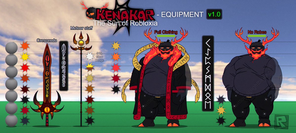 lightblockz's tweet photo. Here's a ref sheet I made for @FAbloxz's OC months ago:
Kenakar - The Sun of Robloxia!

Based on Dusekkar from Forsaken, made for my boify and I's Roblox AU.
In this ref sheet there's one of his fits and weaponry (which his weapons are originally Roblox items). https://t.co/7rEv6CEQ7i