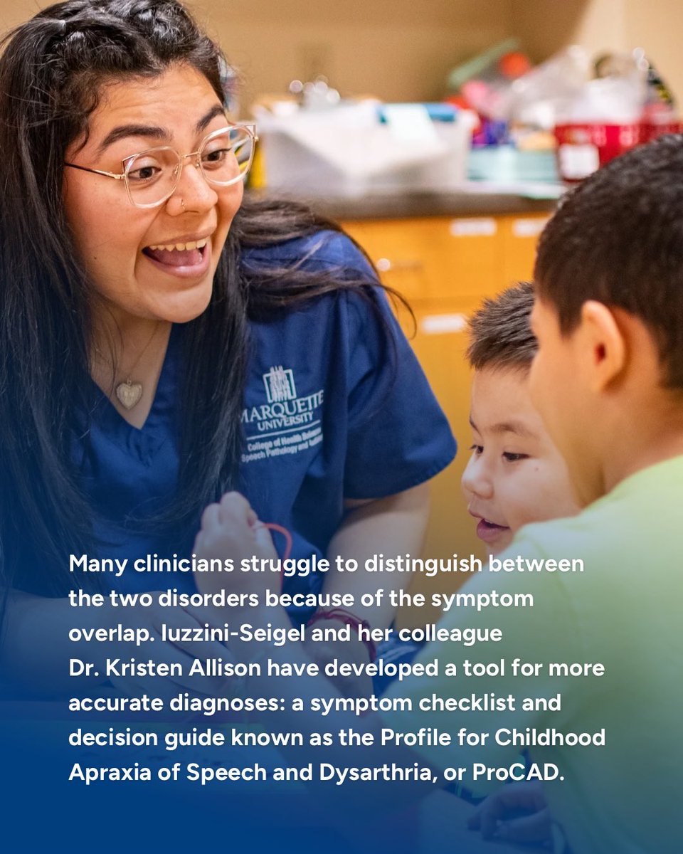 MarquetteU's tweet photo. 🤝 Earlier and more accurate diagnosis for childhood apraxia of speech and dysarthria means clarity for children, their families and clinicians alike. Leading researcher Dr. Jenya Iuzzini-Seigel is creating the tools to make a real difference.

Read more: https://t.co/3W2btPOYnK https://t.co/v6MP2w61i8