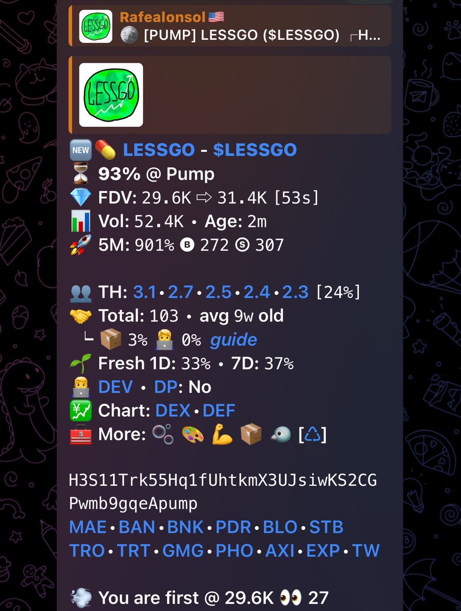 Rafealon_sol's tweet photo. Track your entry on $LESSGO
CA>

H3S11Trk55Hq1fUhtkmX3UJsiwKS2CGPwmb9gqeApump

#memecoin #lessgo #solana #crypto https://t.co/jT8rW4qxnH