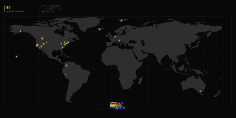 cheesoio's tweet photo. Defcon 34 attendees and other bird watchers, attention please! Until now 60 released badge peacocks have been spotted in various parts of the world as you can see on the map below, but we are still missing a lot! 
So please submit your sightings here https://t.co/pXbIVCO0fY RT=❤️ https://t.co/QhcivP1QT2