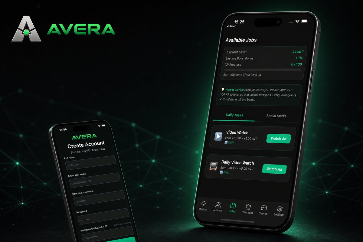 AveraMobile's tweet photo. Build your routine.  
Activate a timed cycle, complete daily jobs, and track your AVR progress in one place.  
Search “Avera: Mobile Mining” on the App Store or Google Play. 💚 https://t.co/v0n4Kygsmp
