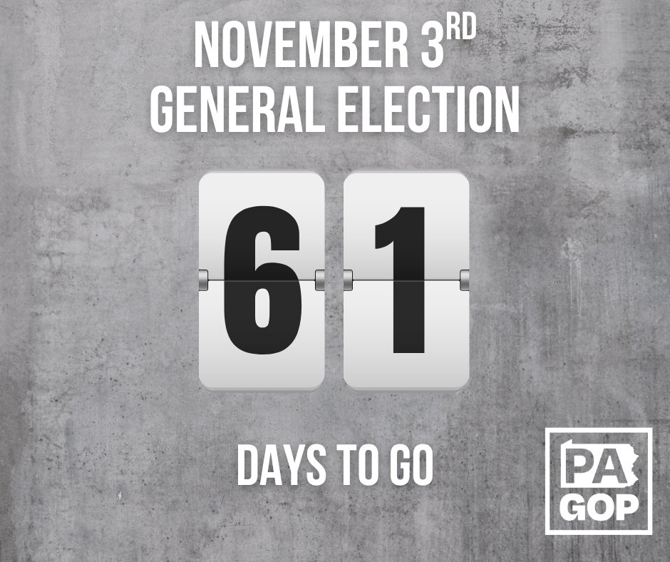 PAGOP's tweet photo. 🚨 Only 61 Days Until the November Election! 🚨

In two months, Pennsylvania and the nation will go to the polls. But we still have significant work to do before then.

We need YOU to knock on doors, register new Republican voters, make phone calls, and talk to your friends and family to ensure every Republican votes in this election!

Whether you vote on Election Day, or you want to cast your ballot early in-person at your local Board of Elections, all that matters is that you get out and make your voice heard! 🇺🇸

🗳️ Need to know your polling place, check your registration, or find out where you can vote Early On-Demand? Check out our website 🔗: https://t.co/hByW5iaLcQ

#PAGOP #Pennsylvania #Vote