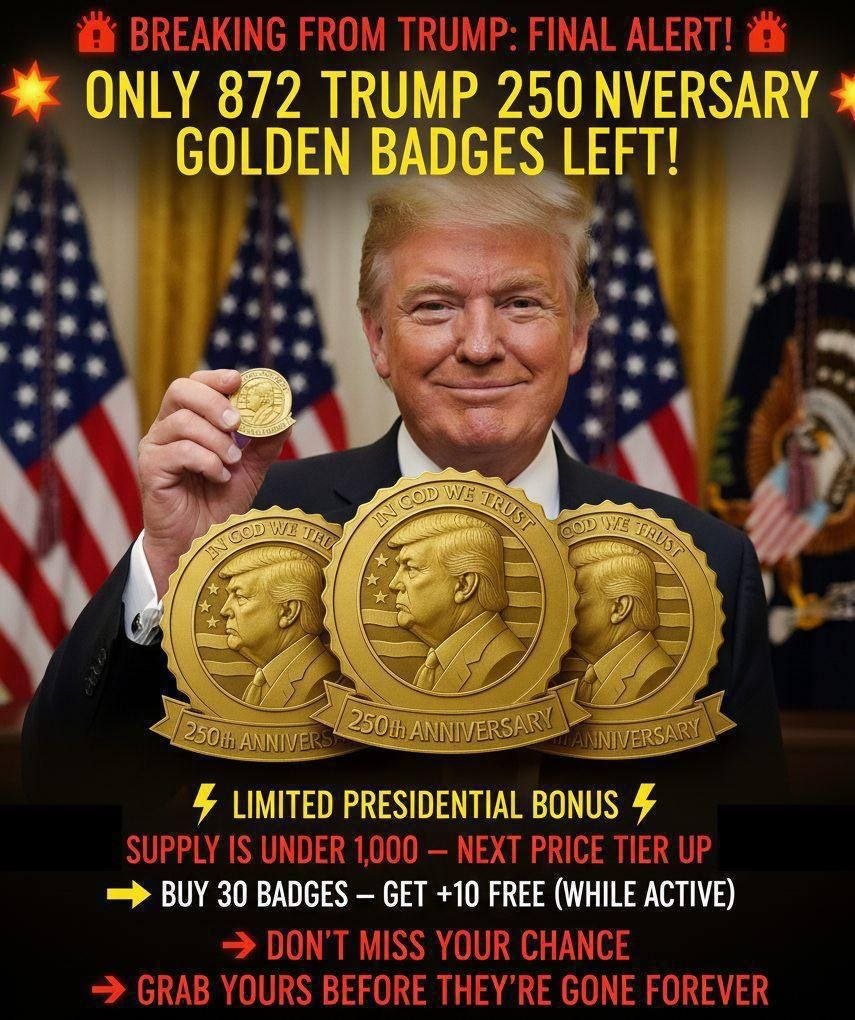 johnfkjrr's tweet photo. 🚨 BREAKING FROM TRUMP: FINAL ALERT! 🚨

💥 ONLY 872 TRUMP 250TH ANNIVERSARY GOLDEN BADGES LEFT! 💥
🔥 CURRENT VALUE: $170,000 • JANUARY OUTLOOK: $1,500,000 PER BADGE 🔥

✅ INSTANT PATH TO GENERATIONAL WEALTH
✅ GOLD-BACKED • VAULT-AUDITED • SERIALIZED https://t.co/7lULnJ19Id