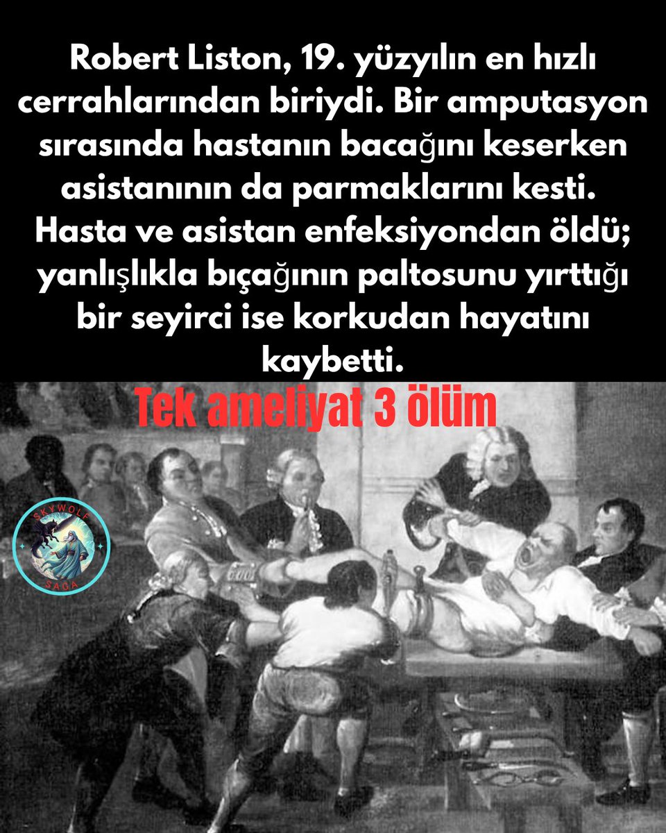 SkywolfSaga's tweet photo. Saniyeler içinde bacak kesmesiyle övünen "Neşterin Napolyon’u" Robert Liston, 1830’larda rekor kırmaya çalışırken tıp tarihinin en garip olayına imza attı. 🩸

Dönemin en hızlı cerrahı rekor peşinde koşarken tek operasyonda tam 3 kişinin canından olmasına yol açtı. ✂️ https://t.co/MiGOizQ3ts